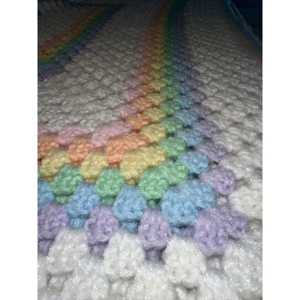 NEW Pastel Rainbow Crochet Knit Blanket 3‎ Feet 3' White Baby Boy Girl Square